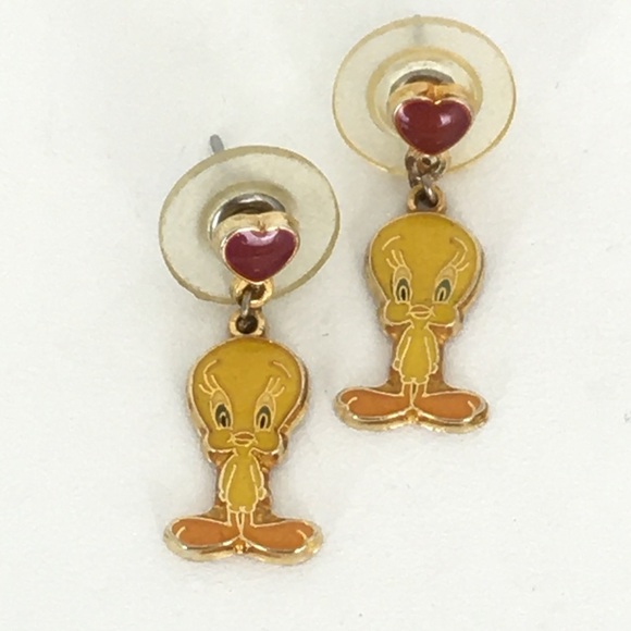 Vintage Tweety Bird Heart Enamel Earrings Gold Pierced Dangle By WB Foster Grant - Picture 2 of 11